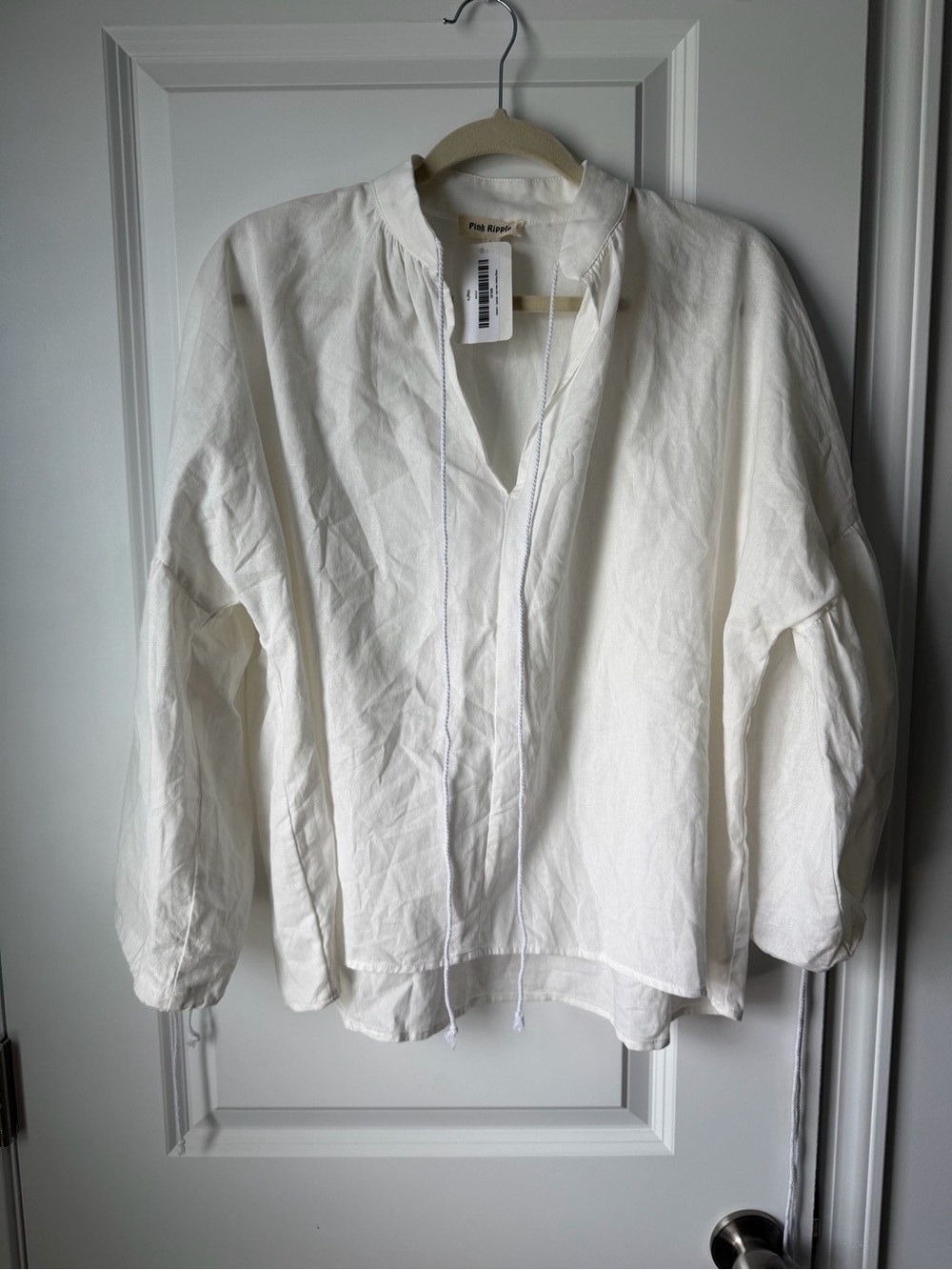 Pink Ripple Solid White V-Neck Tunic Blouse 3/4 Flutter Sleeve Drawstring L
